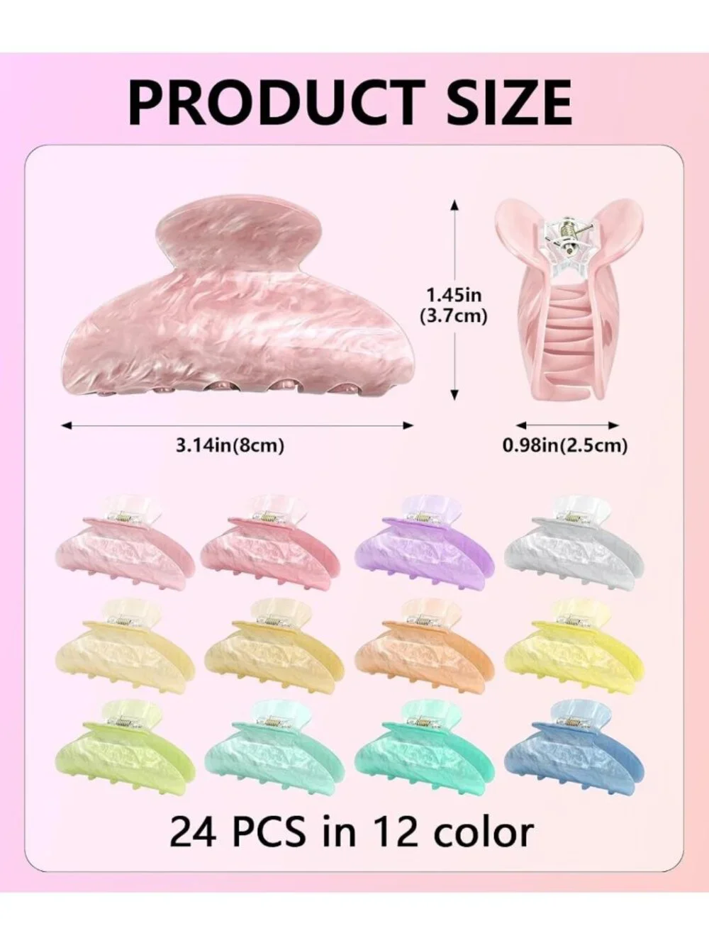 24 Pcs Non-Slip Acrylic Claw Clips Set in 12 Vibrant Colors for All Hair Types